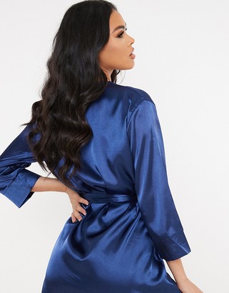 In The Style x Lorna Luxe satin contrast trim robe with belt in navy
