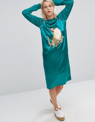 ASOS Satin Front Dress With Tiger Embroidery