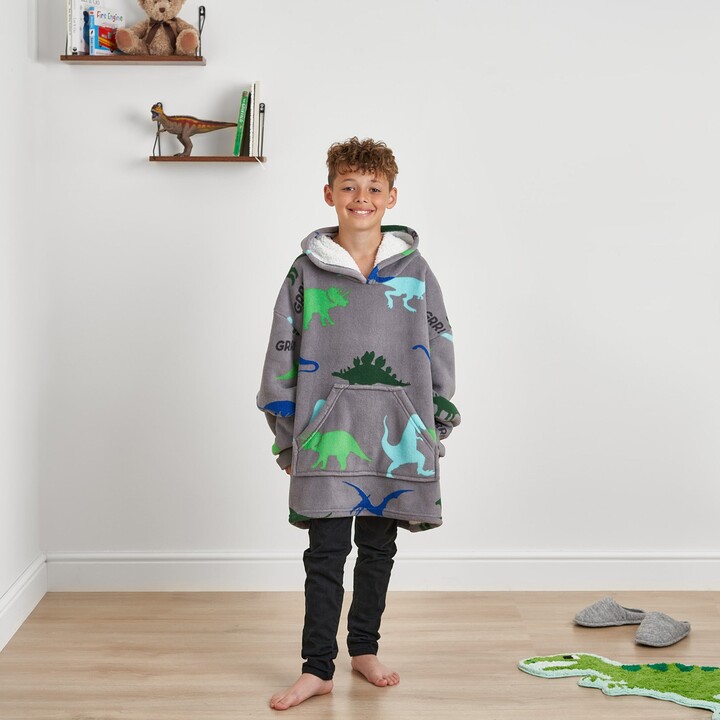 Dunelm Dreamscene Kids Dinosaur Print Grey Blanket Hoodie Grey/Blue