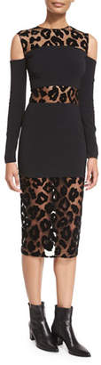 Thierry Mugler Leopard-Burnout Cold-Shoulder Dress, Black