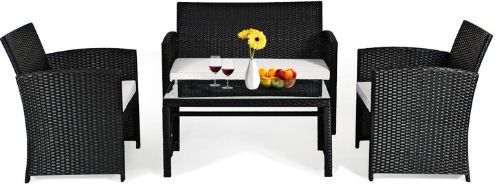 Gymax 4PCS Rattan Patio Conversation Set Outdoor w/ Coffee Table Cushioned Sofa