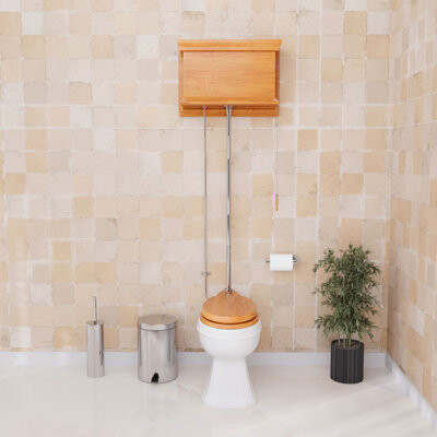 The Renovators Supply High Tank Pull Chain Toilet with Light Oak Wooden Finish (Seat Not Included)