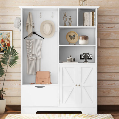 Multi-Functional Hall Tree With Storage Shelves Drawers And Cabinet, Elegant Hallway Shoe Cabinet With Bench, Modern Coat Rack With Hooks For Hallway