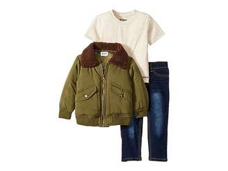 Hudson Poly Puffer Jacket with Sherpa Collar, Oatmeal Heather Jersey Tee, Stretch Denim Jeans (Toddler)