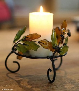 Novica Leaf And Tree Recycled Glass and Metal Candle Holder, Earthtone, 'Ivy Revival' (Pair)