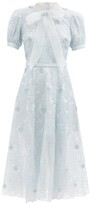 Thumbnail for your product : Self-Portrait Pussy-bow Floral-embroidered Organza Dress - Light Blue