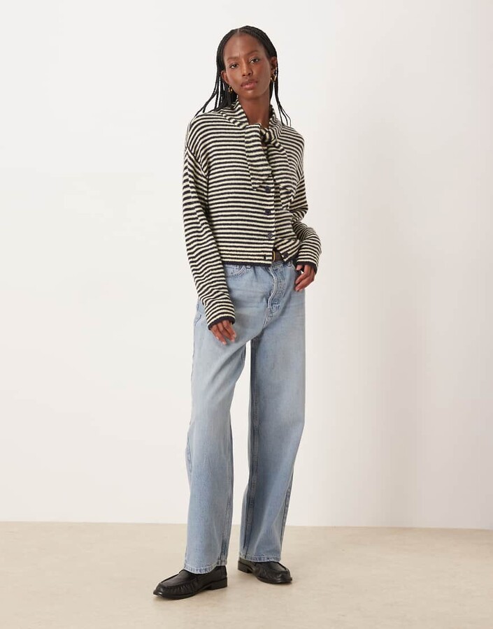 Neon Rose tie detail cardigan in navy and buttermilk yellow stripes