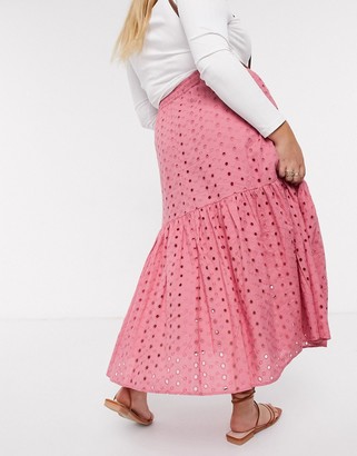 ASOS DESIGN Curve tiered broderie midi skirt in rose