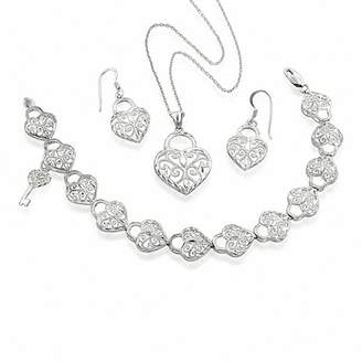 Zales Filigree Heart Lock Pendant, Earrings and Bracelet with Key Dangle Set in Sterling Silver