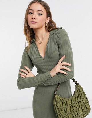 New Look soft rib collar mini dress in olive green