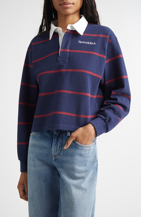 Sporty & Rich Serif Logo Embroidered Cotton Long Sleeve Rugby Polo
