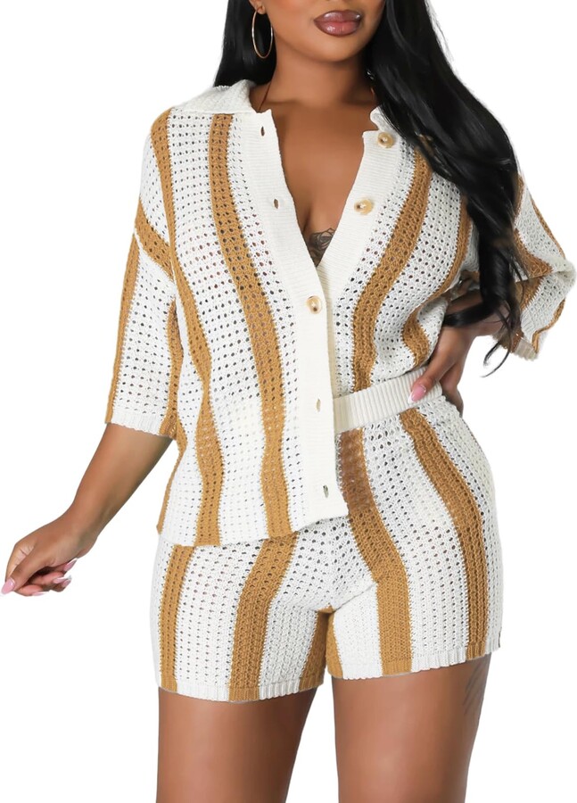 KANSOON Short Sets for Women Piece Outfits Color Block Crochet