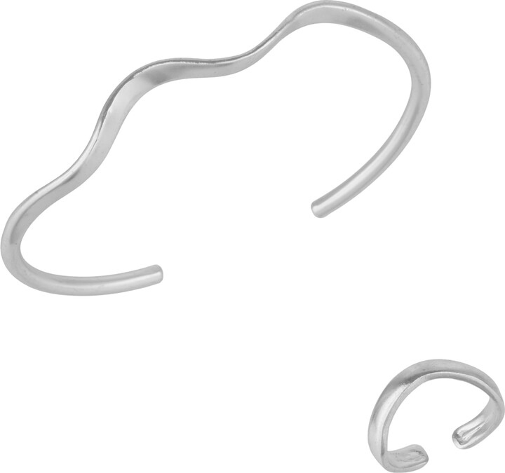 Mejoma Molten Wavy Cuff Bangle Silver Bracelet & Elegance Silver Wavy Ring Set
