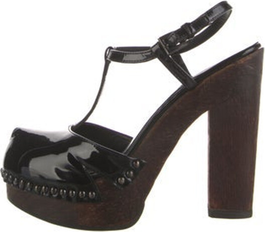 Prada Patent Leather T-Strap Pumps Black Colorblock Pattern Round-Toes Platform Buckle Closure at Ankles Designer