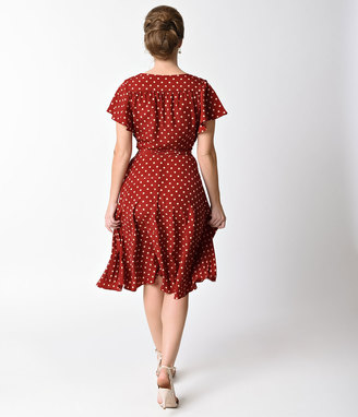 Unique Vintage 1940s Red & Ivory Polka Dot Dotty Wrap Dress
