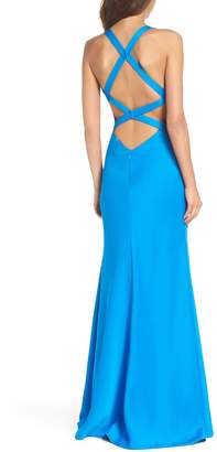 La Femme SATIN GOWN WITH PLUNGING NECKL