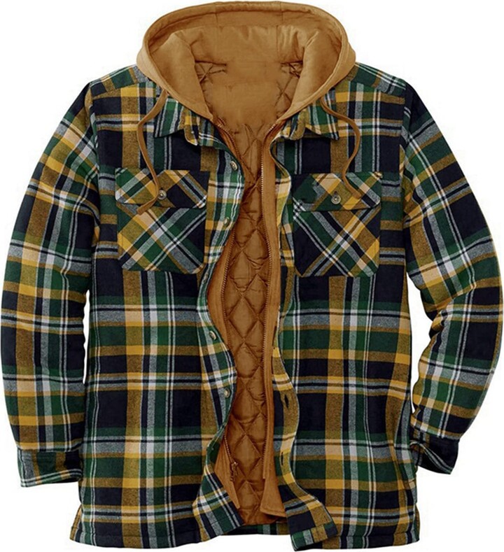 Frobukio Mens Checkered Padded Shirts Lumberjack Hoodie Jacket Long Sleeve  Button Up Inner Lining Thermal Plaid Shirt Thick Quilted Work Wear Casual  Winter Coat (Brown-Green - ShopStyle