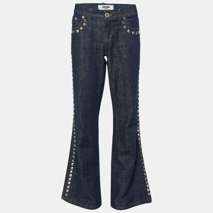 Moschino Jeans Navy Blue Denim Studded Wide Leg Jeans L