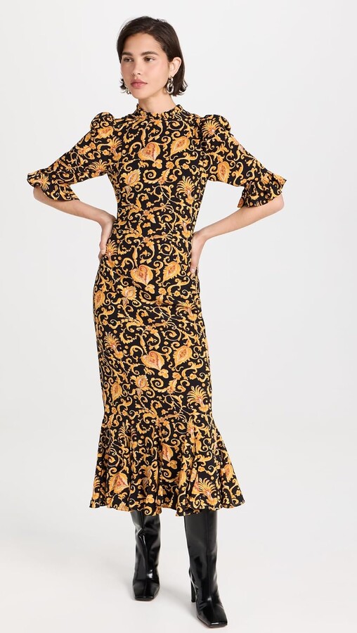 Rhode Resort Women's Felix Dress, Baroque Heart, Floral, Puff Sleeves Gold Midi Dress