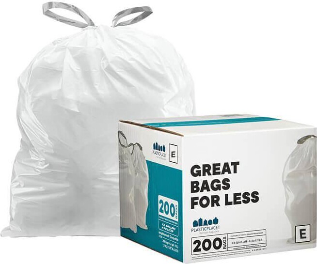 Plasticplace 5.2 Gal. / 20 Liter White Trash Bags Compatible with simplehuman Code E 18.75 in. x 20 in. (200 Count)