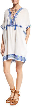 Vitamin A Isabell Lace-Up Embroidered Short Caftan Coverup, White