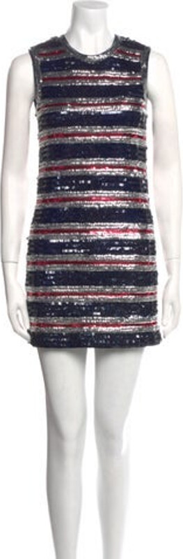 Lanvin Shift Dress Blue Striped Beaded & Sequin Accents Sleeveless with Crew Neck Exposed Zip Closure at Back Designer