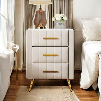 Upholstered Wooden Nightstand with 3 Drawers and Metal Legs&Handles, Bedside Table with Marbling Worktop