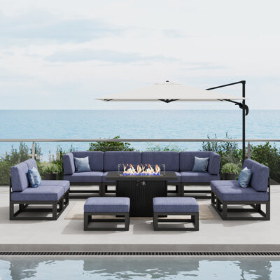 Latitude Run 11 Pieces Modern Aluminum Patio Furniture Set With Fire Table Outdoor Modular Sectional Conversation Set L-shaped Sofa For Backyard