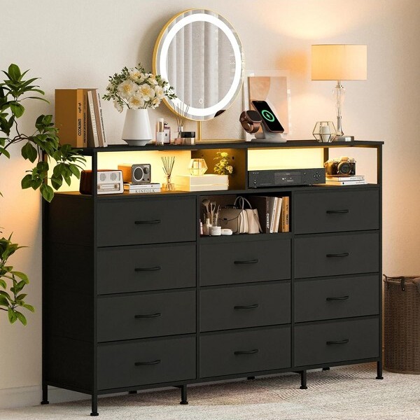 SunnyFurn DresserforBedroom11FabricDrawersOpenShelves55”FabricDresserTVStandforBedroomHallway