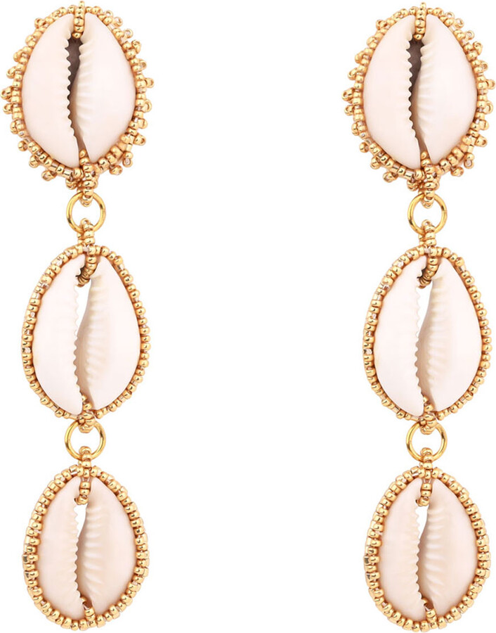 Oanasavu.creations Gold / White Sea Shells & Gold Glass Beads Long Statement Earrings