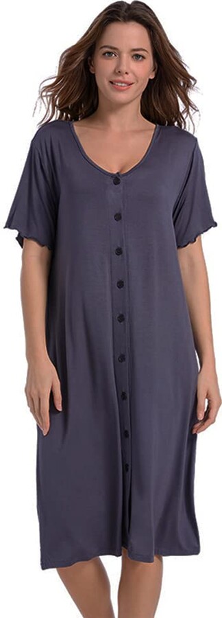 Dreamskull Women's Nightshirt Short Sleeve Nightdresses Button Down  Sleepwear V-Neck Nightgown Casual Pajama Dress Plus Size Dark Grey -  ShopStyle