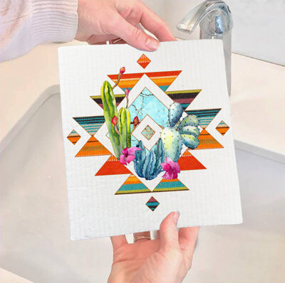 Western Aztec Cactus Southwestern SWEDISH DISH CLOTH ( Set Of 2)