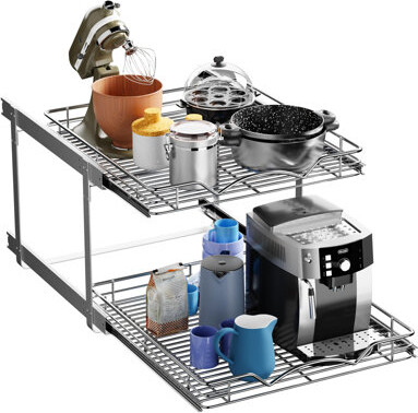 Hokku Designs Two Tier Pull Out Cabinet Organizer Individual Sliding Drawers - Heavy Duty Metal With Lifetime Limited Warranty - Anti Rust Chrome Finish - 30\