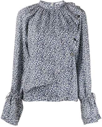Derek Lam 10 Crosby Long Sleeve Asymmetric Mini Paisley Draped Blouse with Snaps