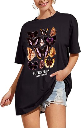 Glamorous Meladyan Women’s Butterfly Printed Graphic Loose Tee Short Sleeve Round Neck Loose Tshirt Tops - Black - Small