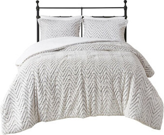 24LOUISESTREET Plush Faux Fur Bedding Sets Down Alternative Comforter With Chevron Pattern Ivory Full/queen