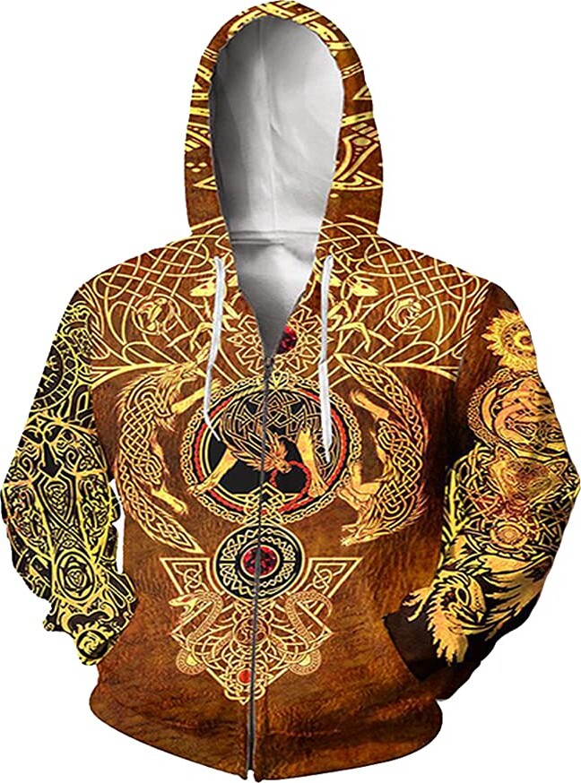 Viking Sweat à Capuche Zippé Pour Hommes Nordique Armure Veste Hauts Streetwear Unisexe Pull Sweat Longs Sweats à Capuche Pour Hommes (Color