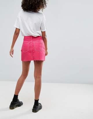 ASOS Denim Mini Skirt With Raw Hem In Fuchsia Pink