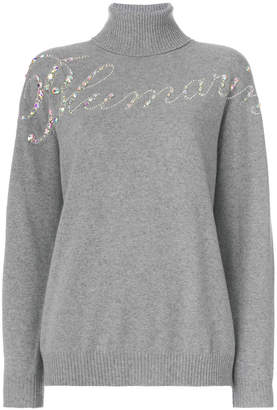 Blumarine embellished slogan front turtleneck sweater