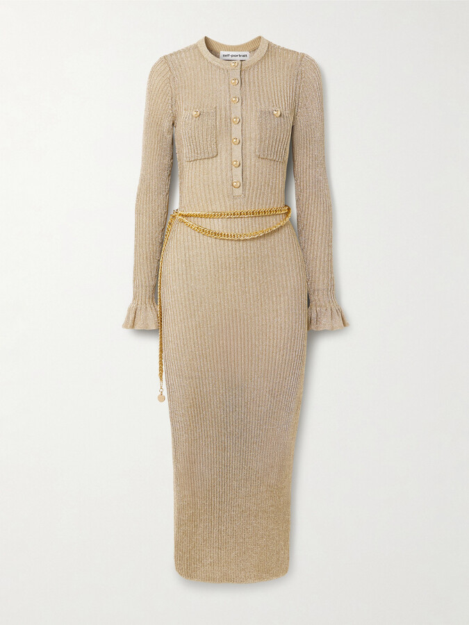 Self-Portrait Belted Ruffled Metallic Ribbed-knit Midi Dress - Gold