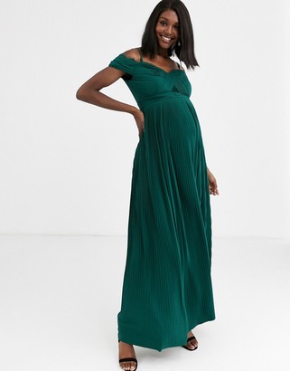 ASOS Maternity DESIGN Maternity lace and pleat bardot maxi dress in forest green