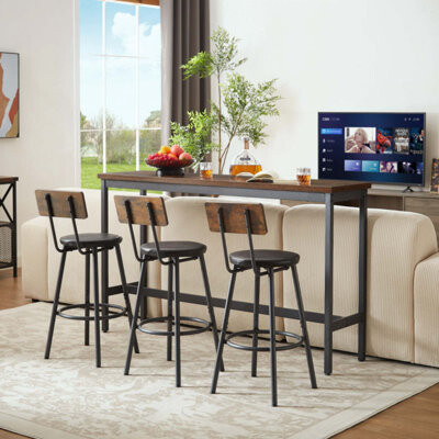 Trent Austin Design Long Bar Table Set With 3 PU Upholstered Bar Stools Industrial Bar Table And Chairs For Kitchen Breakfast Table Living Room Banquet Hall