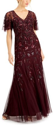 Adrianna Papell Beaded Flutter-Sleeve Gown