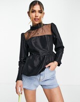 Thumbnail for your product : New Look high neck long sleeve peplum mesh blouse in black