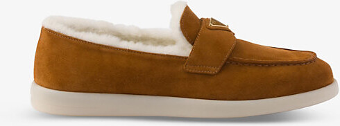 Prada Womens Brown Triangle-Plaque Suede and Shearling Loafers Eur 41.5 / 8.5 Uk Women