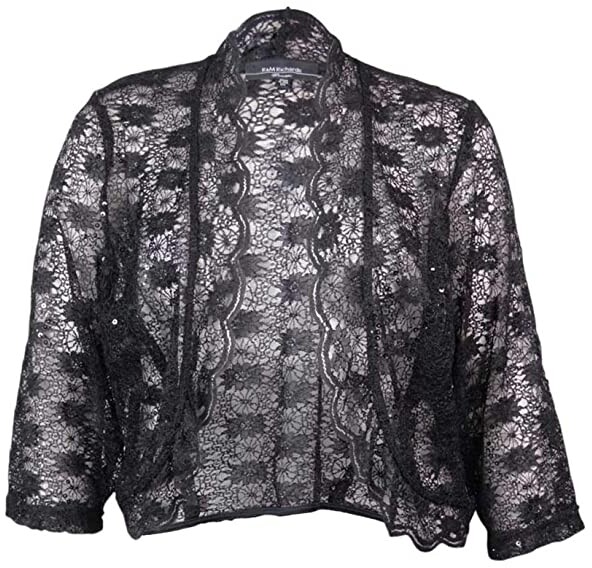 Caiuet Women Fashion 3/4 Sleeves Floral Ultra-Short Open Front Sheer Lace Open Stitch Casual Jackets 