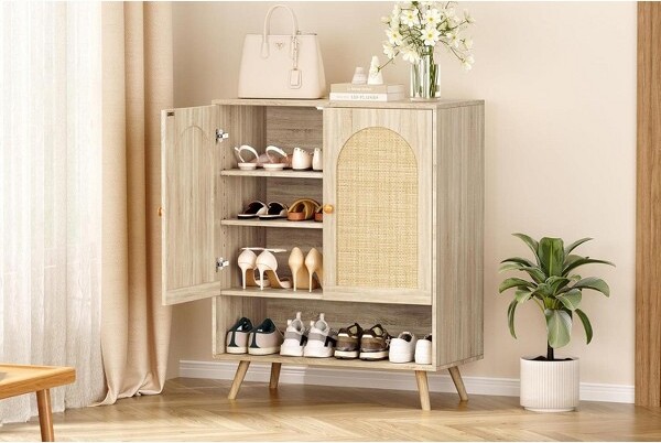 Coucheta4-TierWoodenShoeCabinet-AdjustableShelfSlimStorageRackOrganizerforHallway&LivingRoomOak