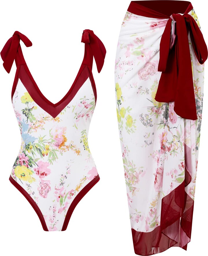 YUNAR Women Retro Deep Plunging One Piece Monokini Swimwear with Sarong ...