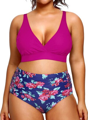 Yonique Womens Plus Size Bikini High Waisted Swimsuits Two Piece Bathing  Suits Tummy Control Swimwear, Black, 14 Plus