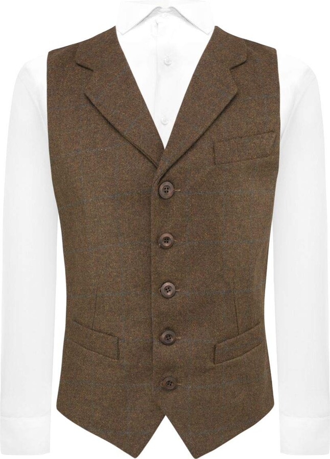 King & Priory Cedar Brown Heritage Check Waistcoat with Lapel - XXL ...